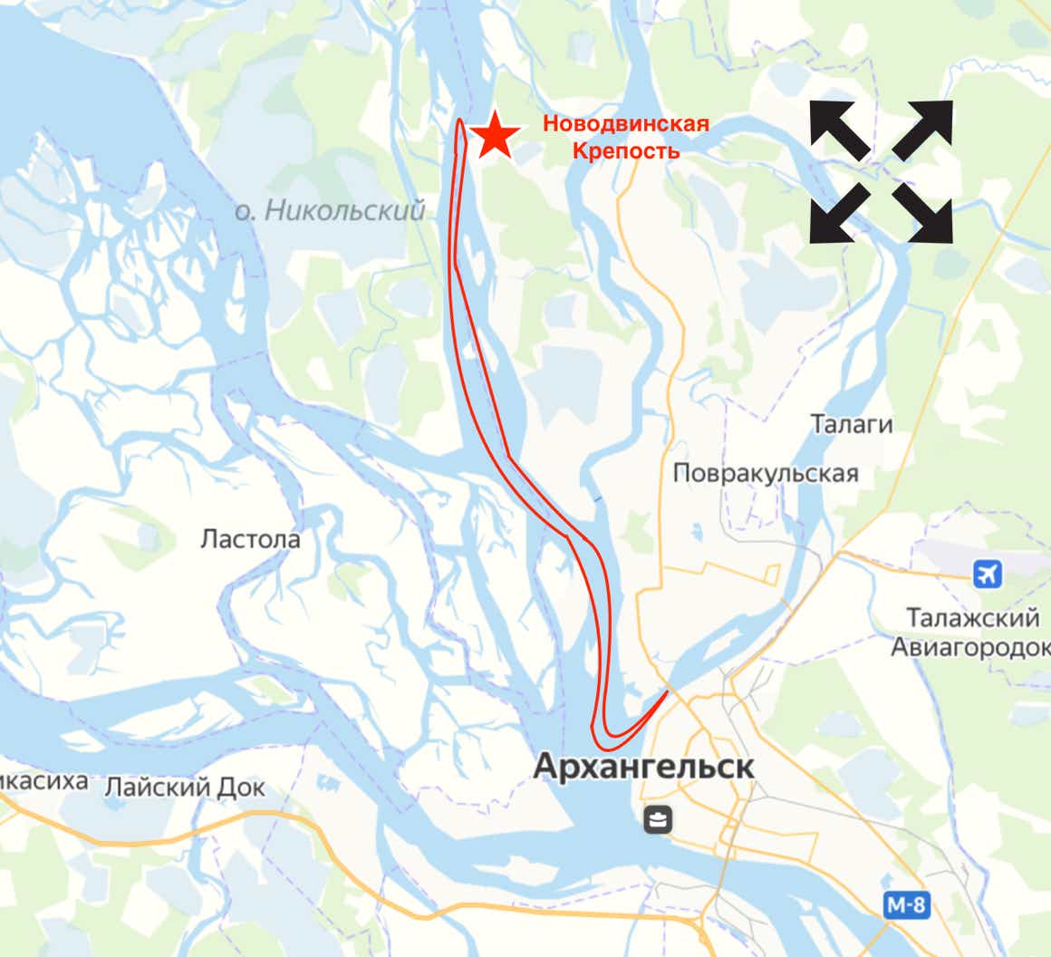 Маршрут обзорной прогулки на парусной яхте по Северной Двине в Архангельске